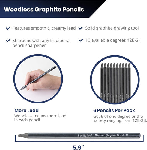 Pacific Arc Woodless Graphite Pencil 6 Pack Set, 12B, 10b, 8B, 6B, 4B, & 2B, for Sketching, Drawing, Coloring and Art...