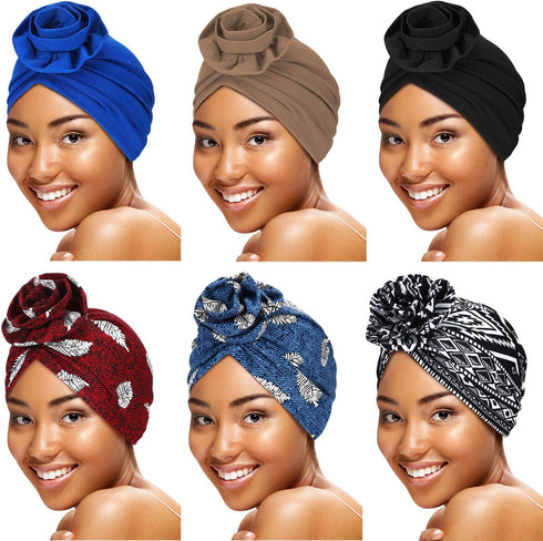 SATINIOR 6 Pieces Women Turban African Pattern Headwrap Colorful Printed Pretied Flower Knot Bonnet Hat for Women...
