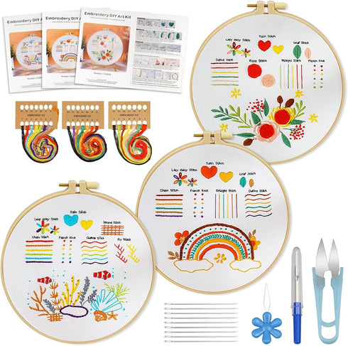 Catephe Embroidery Kit for Beginners, 3 Set Embroidery Starter Kit with Embroidery Patterns, Beginner Embroidery Kit for Beginners Adults and Kids...