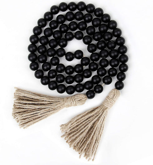 58in Wood Bead Garland with Tassels, Farmhouse Rustic Country Decor Prayer Boho Wall Hanging Decoration (Black)...