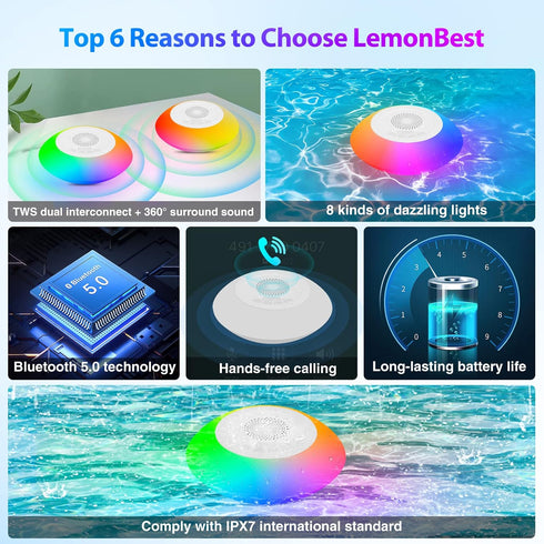 LemonBest Bluetooth Speakers with Colorful Lights - Portable Pool Speaker IPX7 Waterproof Floating with 8 Modes - Built-in Mic HD Stereo Sound Han...