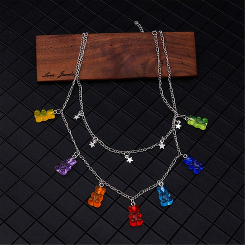 N/Q Layered Punk Gothic Resin Gummy Cartoon Bear Link Chain Pendant Necklace Colorful Rock Hip Hop Transparent Animal Choker Necklace for Women Pa...
