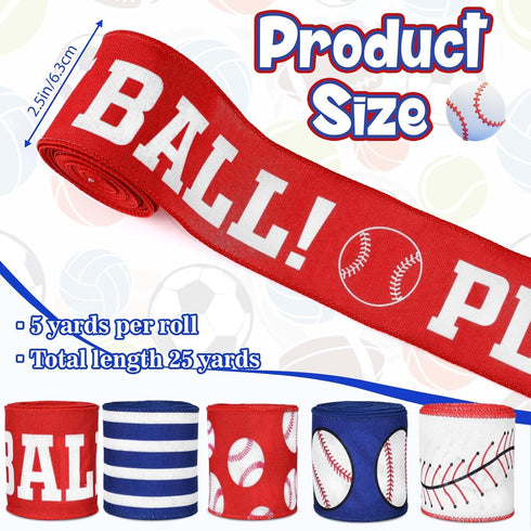 5Rolls Baseball Wired Edge Ribbon 2.5 Inch Red Blue White Sports Ball Pattern Fabric Ribbon for Wreath Bow Making for Sport Themed Birthday Party ...