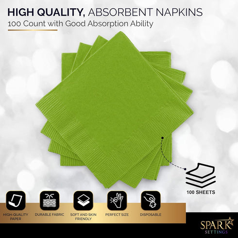 100 Pack Kiwi Green Beverage Napkins, Big Party Pack, 2 Ply, Ideal for Wedding, Party, Birthday, Dinner, Lunch, Cocktails. (5” x 5”) by Amcrate...
