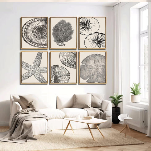 WYHLMTQ 6Pcs Boho Beach Coastal Posters Canvas Wall Art Modern Abstract Painting Shell Pictures Prints Wall Decor Beach Gallery Artwork for Beach ...