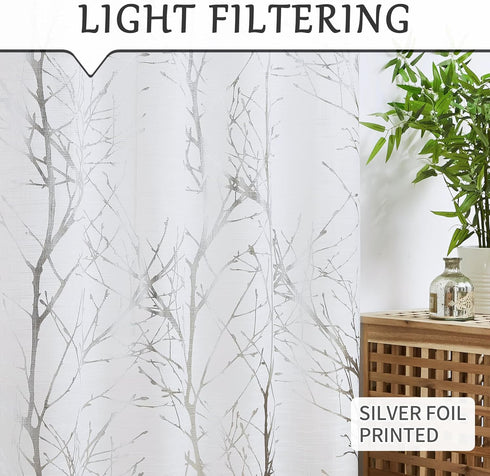 FMFUNCTEX Foil Silver Branch White Sheer Valance Curtain for Living Room Window 18 Inches Long Light Filtering Valance Curtain for Bathroom Kitche...