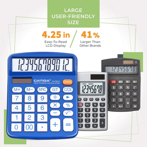 CATIGA Desktop Calculator 12 Digit with Large LCD Display and Sensitive Button, Solar and Battery Dual Power, Standard Function for Office, Home, ...