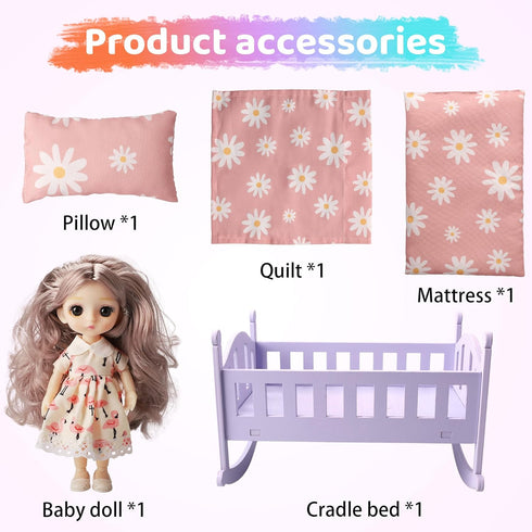 Baby Doll Crib, Wooden Baby Crib for Dolls, Doll House Furniture and Accessories Set, Small Baby Doll Crib Cradle, Baby Doll with Bed for Kids (Ba...