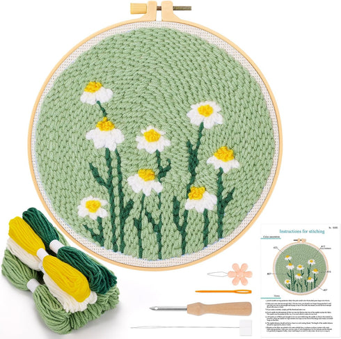 JSRQT Punch Needle Embroidery Starter Kits,Rug Hooking Kit for Kids and Adults Beginners,Handcraft Punch Needle Kits with Embroidery Hoops,Flowers...