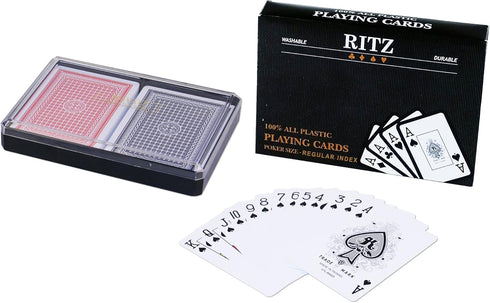 Ritz 2 Decks Poker Size 100% Plastic Playing Cards Set in Plastic Case, Waterproof (Poker Size Wide Regular Index)...