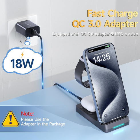 3 in 1 Charging Station for iPhone, Wireless Charger for iPhone 15/14/13/12/11 X Pro Max & Apple Watch - Wireless Charging Station for AirPods Pro...