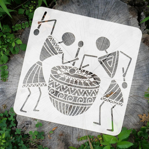 FINGERINSPIRE Warli Art Painting Stencil 11.8x11.8inch Tribal People Drumming Stencil Tribal Art Stencil Decorative Tribe Theme Plastic Stencil fo...