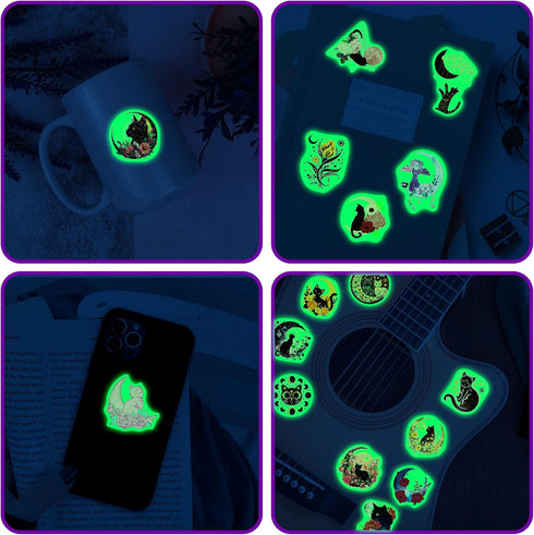52 Pcs Moon and Cat Stickers Glow in The Dark, Vinyl Black Cats Water Bottle Sticker Pack for Teens, Waterproof Skateboard Laptop Decals for Adult...