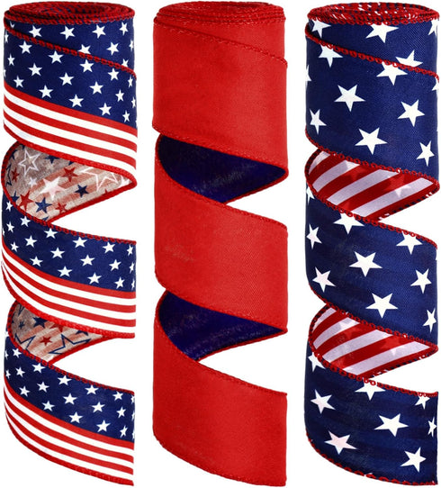 Solsew 3 Rolls Red White and Blue Patriotic Ribbons Double Sided 4th of July Ribbon 18 Yards Patriotic 2.5 Inch Burlap Wired Edge Ribbon Independe...
