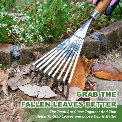 Garden Hand Rake, 14.6'' Small Hand Rake for Tight Areas, 9 Tines Stainless Steel Garden Rake with Ergonomic Wood Handle for Clearing Leaves and L...