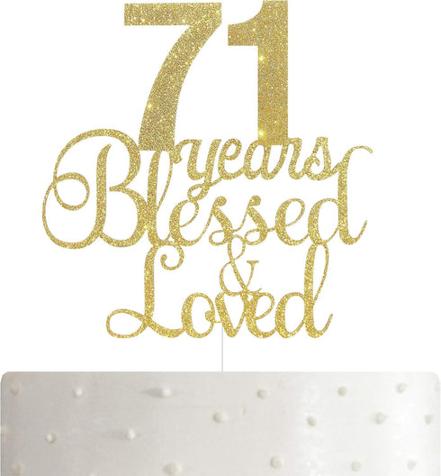 ALPHA K 71 st Birthday/Anniversary Cake Topper – 71 Years Blessed & Loved Cake Topper with Gold Glitter...
