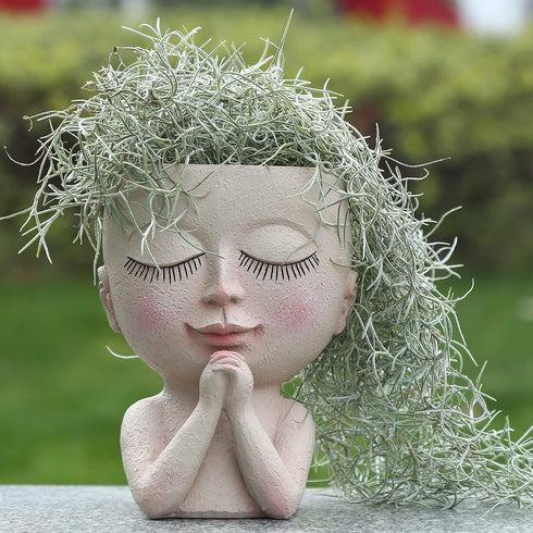 Cute Succulent Planter - Face Planter Flower Pot - Kawaii Head Planters -Unique Outdoor Indoor Planter - with Drainage Hole - (Doll Blessing)...