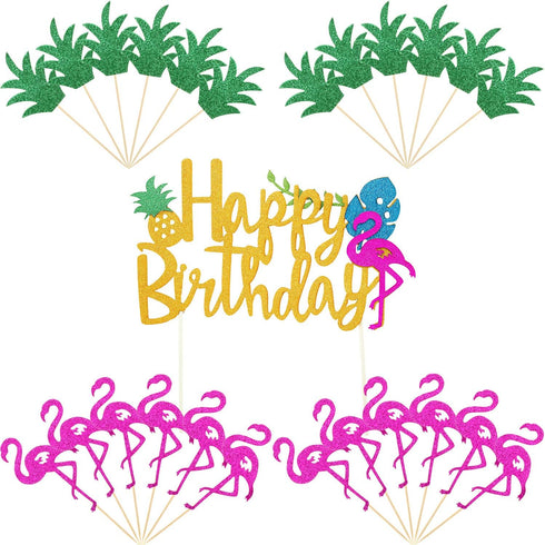 Maitys 25 Pcs Tropical Cupcake Decoration Hawaiian Luau Aloha Cake Toppers Glitter Leaf Pineapple Flower Palm Tree Flamingo Cupcake Picks for Hawa...