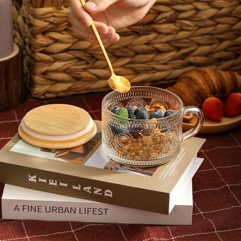 LANDNEOO 4pcs Set Vintage Coffee Mugs gifts for women, Overnight Oats Containers with Bamboo Lids and Spoons - 14oz Clear Embossed Glass Cups, Cut...