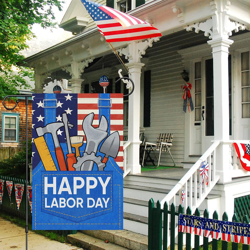 Louise Maelys Happy Labor Day Garden Flag 12x18 Double Sided Vertical, Burlap Small USA Garden Yard House Flags Banner Outdoor Outside Labor Day D...