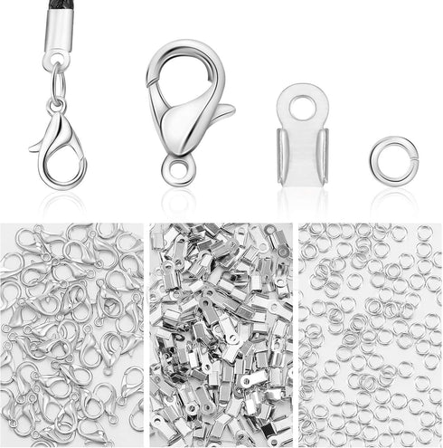 Syhood 450 Pieces Fold Over Cord End Caps Open Jump Ring Connectors and Bracelet Necklace Lobster Claw Clasps for Jewelry Making Accessories Kit(S...