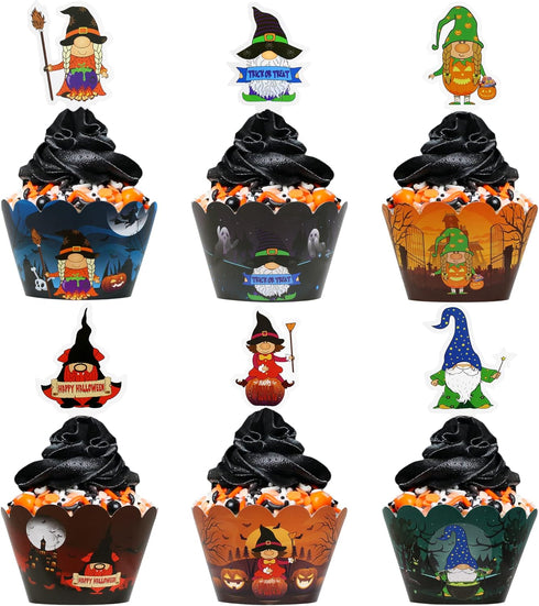 Halloween Cupcake Wrappers | 48 Pcs Set (24 Wrappers + 24 Toppers) | Halloween Gnomes Cupcake Wrapper Set | Halloween Party Decorations Baking | S...