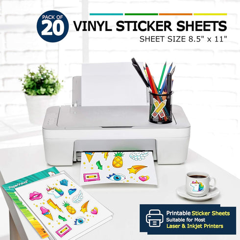 Printable Permanent Vinyl Paper - 20 Sticker Sheets For Printer - Matte White Waterproof Sticker Paper - Thick Tear-Resistant Sticker Printer Pape...