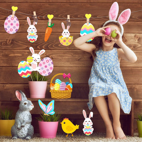 30 Pieces Happy Easter Paper Cutouts Bunny Eggs Carrot Basket Chicken Butterfly Cutouts Animals Theme Party Signs Paper Cutouts for Easter Party D...