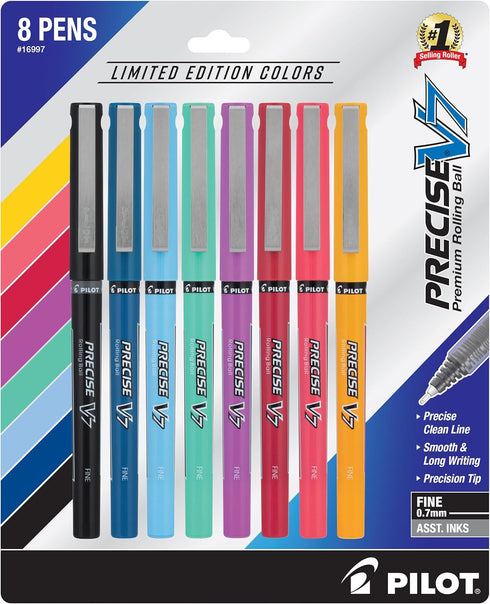 PILOT Precise V7 Stick Liquid Ink Rolling Ball Stick Pens, Fine Point, Assorted Ink, 8-Pack...