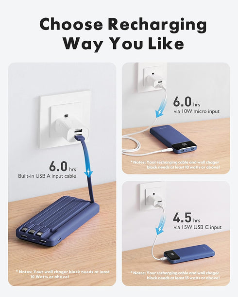 Portable Charger with Built in Cables, Portable Charger with Cords Wires Slim 10000mAh Travel Essentials Battery Pack 6 Outputs 3A High Speed Powe...
