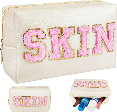 Skin Makeup Bag, Skin Care Cosmetic Toiletry Bag, Preppy Makeup bag,Portable Makeup Zipper Pouch Storage Purse, PU Leather Skincare Organizer Bag ...