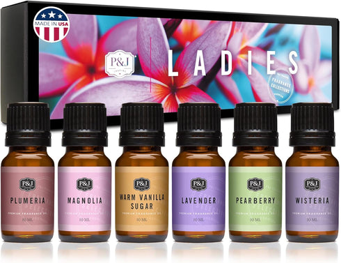 P&J Trading Fragrance Oil Ladies Set | Pearberry, Lavender, Warm Vanilla Sugar, Plumeria, Magnolia, Wisteria Candle Scents for Candle Making, Fres...