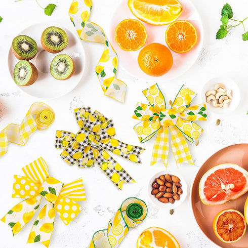 Whaline 30 Yard Summer Lemon Wired Edge Burlap Ribbon 6 Roll Yellow Lemon Buffalo Check Plaid Stripe Dots Pattern Ribbon Fabric Decorative Craft R...