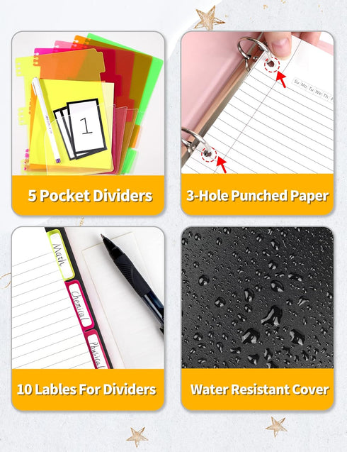 SUNEE 5 Subject Notebook College Ruled - 300 Pages, 8.2"x10.8", 5 Pocket Colored Dividers, 3-Hole Punched Paper, Black...