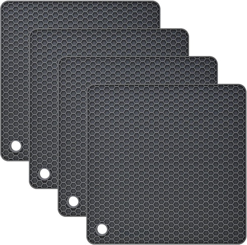 Trivets for Hot Dishes and Pots, Silicone Pot Holders, Heat Resistant Mats for Countertop, Square Trivet Mat for Quartz Countertops, Pack of 4 Gra...