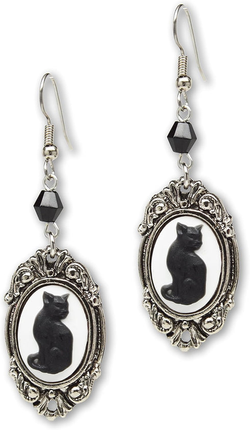 Black Cat Cameo In Silver Finish Frame Dangle Earrings with Black Bead...