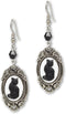 Black Cat Cameo In Silver Finish Frame Dangle Earrings with Black Bead...