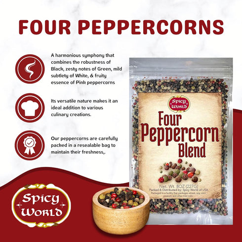 Spicy World Four Peppercorn Rainbow Blend in Resealable Bag – Perfect Flavor Blend - NON-GMO, Steam Sterilized - Whole Black, Whole Green, Whole W...