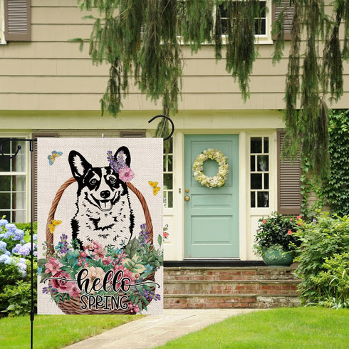 Spring Garden Flag Hello Spring Corgi Vertical Double Sided Flowers Butterfly Farmhouse Yard Lawn Outdoor Decor 12.5x18 Inch...