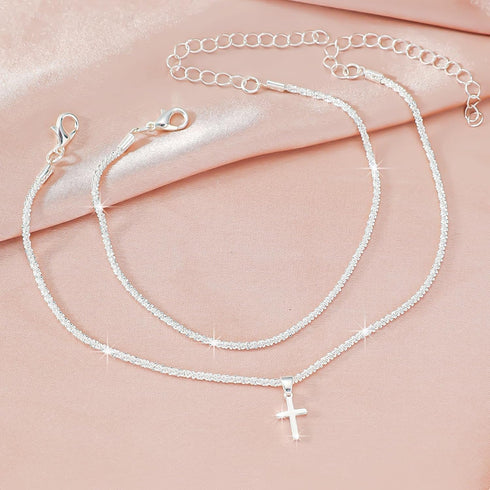 Ankle Bracelets for Women,14K Gold Plated Layered Glitter Waterproof Anklet Rhinestone Cross Anklets Layered Anklet Bracelets Boho Summer Beach Wa...
