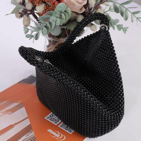 ele ELEOPTION Women Black Beaded Clutch Purse Women's Evening Clutch Triangle Lady Girl Evening Bag for Cocktail Wedding Party for 6.0inch Android...