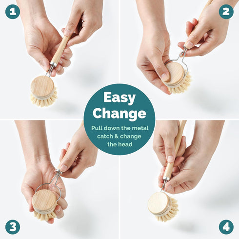 Jungle Culture 4 Piece Bamboo Dish Brush Set for Washing Up • Long Lasting Wooden Dish Brush with 3 Replacement Heads & Loofah Sponge Scourer • Ec...