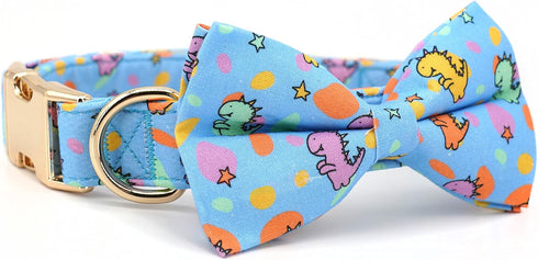 Dog Collar with Bow, Blue Dinosaur Bowtie Dog Collar, Adjustable Pet Gift Collars for Small Medium Large Dogs...