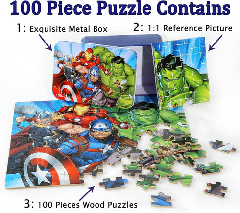 LELEMON Avengers 100 Piece Jigsaw Puzzle for Kids Ages 4-8, Cardboard Material, Portable Metal Storage Box, Educational Toy for Girls and Boys...