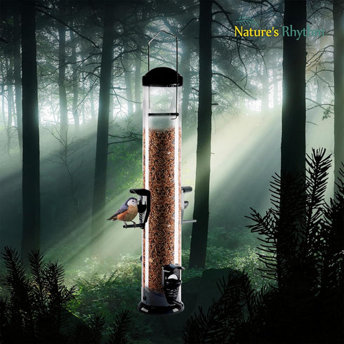 Nature's Rhythm Hanging Classic Tube Wild Bird Feeder Premium Hard Plastic Garden Yard Outdoor Bird Feeder with Steel Hanger, Weatherproof and Wat...