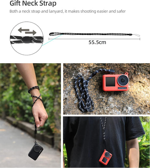 Osmo Action 3/4 Silicone Case Lanyard for DJI Action 4 Camera Accessories with Neck Strap, Waterproof Silicone Protective Case for Insta360 GO 3 C...