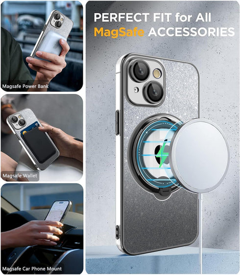 for iPhone 15 Plus Case Glitter with Rotatable Ring Stand Compatible with MagSafe, Plating Bling Clear Case with Camera Lens Protector Slim Phone ...