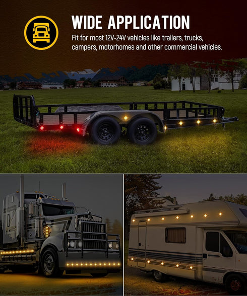 Partsam 5Pcs 2 inch Cross Amber 12 LED Side Marker Clearance Lights with 2 Bullet Plugs IP67 Waterproof for 12V-24V Trailer Truck RV Camper Surfac...