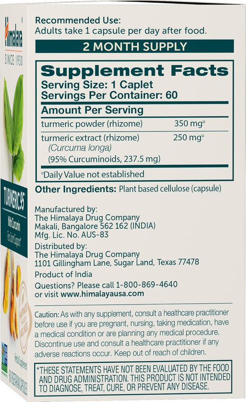 Himalaya Turmeric 95 Supplement with Curcumin/Curcuminoids, Joint and Muscle Support, Optimum Flexibility and Mobility, 600 mg, Non-GMO, Vegan, Gl...