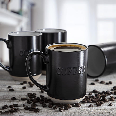 Sheffield Home Set of Stoneware Coffee Mugs- 4 Printed Coffee Cups, Tea Cups, Latte Mugs 16 oz (Black)...